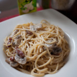 Kuchnia: Spaghetti z boczkiem i pieczarkami na mascarpone
